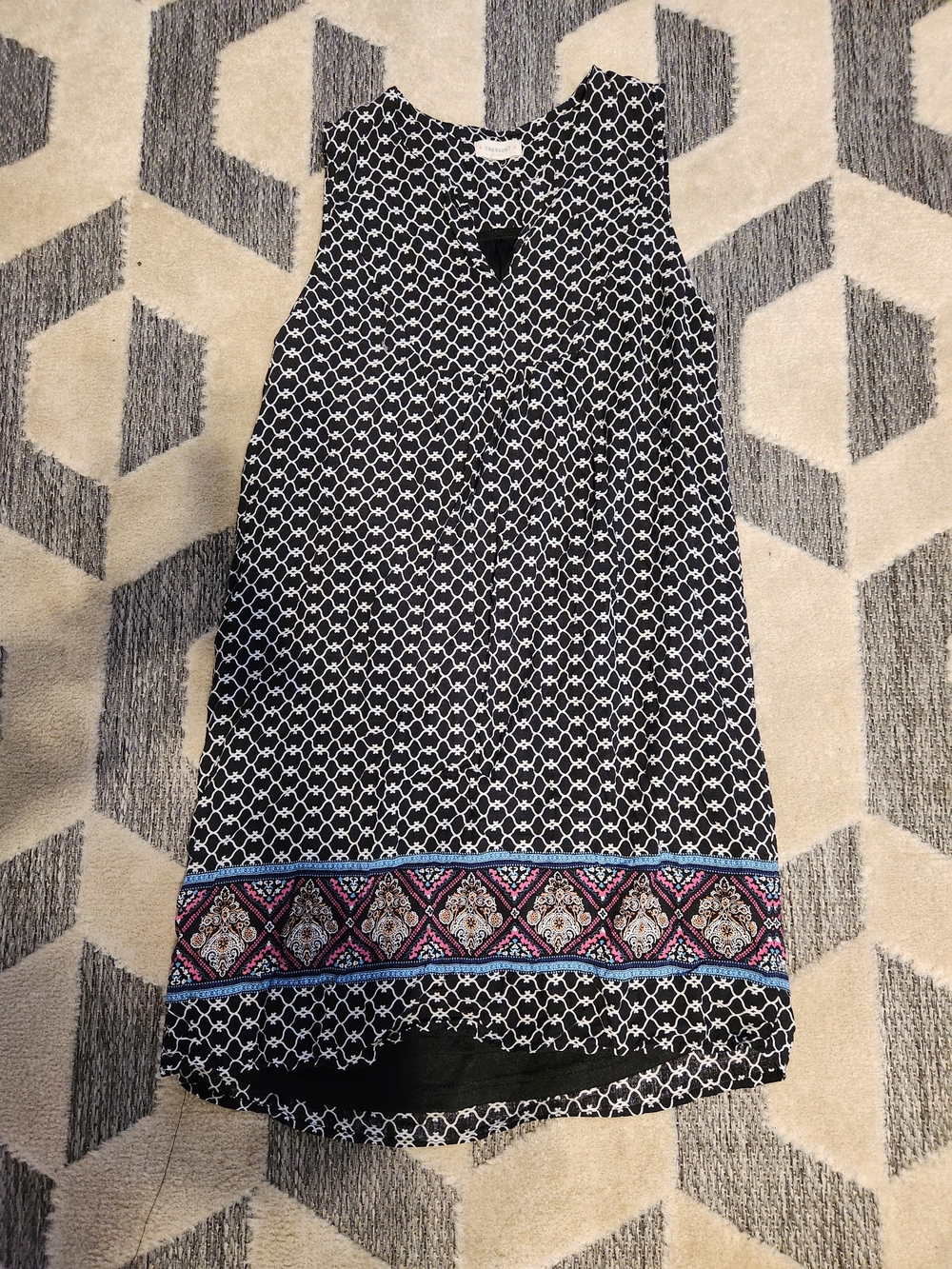 Crescent Black & White Geometric Sleeveless Mini Dress with Pink Accent Band